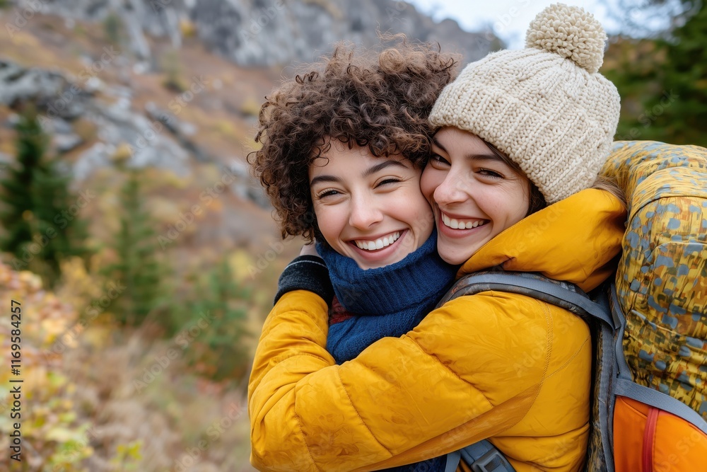 Two young women hugging and smiling during a hiking trip in a colorful autumn mountain landscape, dressed warmly with backpacks, showcasing friendship and outdoor adventure. Two young women hugging and smiling during a hiking trip in a colorful autumn mountain landscape, dressed warmly with backpacks, showcasing friendship and outdoor adventure.