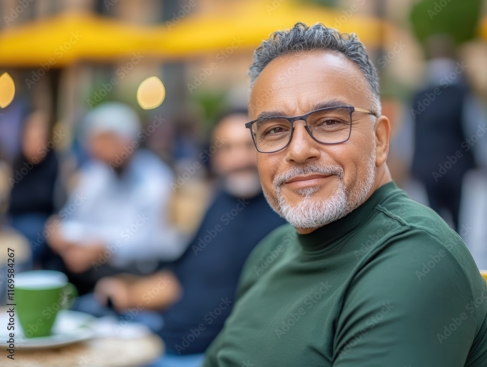Fototapeta premium Mature hispanic male enjoying coffee at outdoor cafe