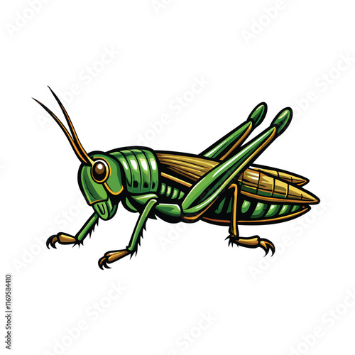 Detailed vector illustration of a grasshopper mid-jump, with its legs extended and its wings folded,  against a white background.