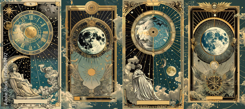 set of illustrations of tarot cards, the theme of isoterics and fortune telling	
