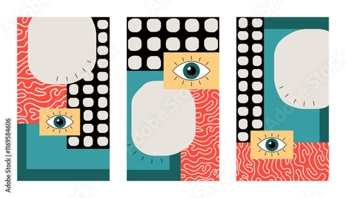 Ein Set Vektorgrafiken mit einer Collage aus geometrischen Mustern und abstrakten Elementen. Freier Platz für Text. Vorlage für Einladungen, Grußkarten, Social Media Posts und Werbung.