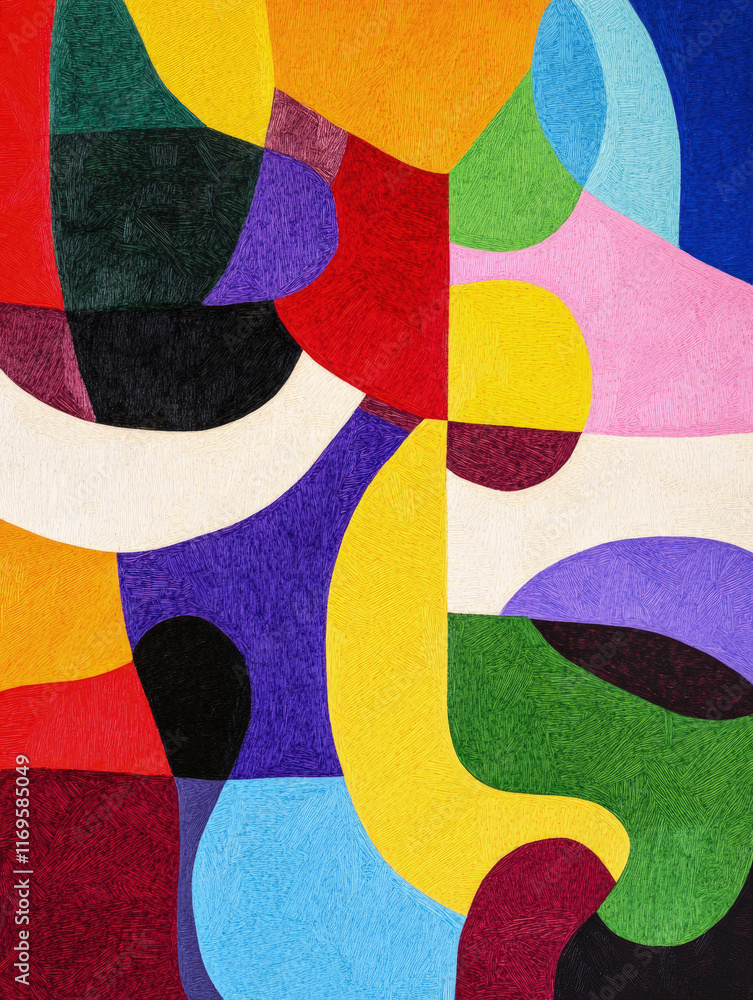 An abstract painting with bold, overlapping shapes in various bright colors. Represents abstract modern art, painting for wall and colorful background. An abstract painting with bold, overlapping shapes in various bright colors. Represents abstract modern art, painting for wall and colorful background.