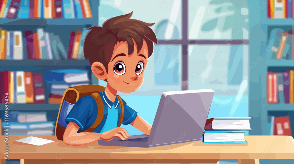 Focused little boy studying with laptop at school computer lab