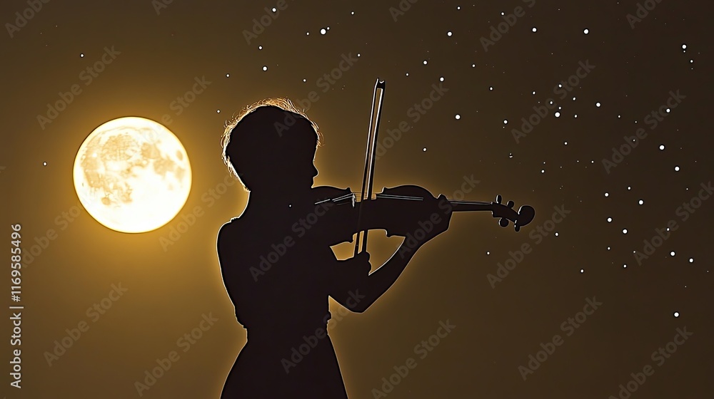 Fototapeta premium Moonlit Melodies Played by a Violinist Under a Glowing Full Moon Surrounded by Twinkling Stars