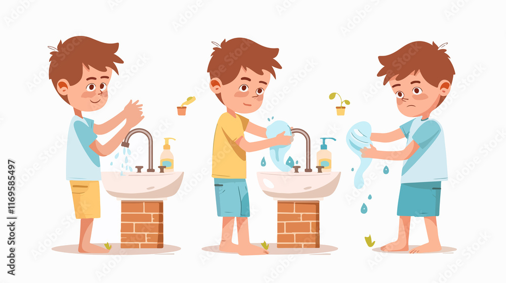 Preteen Boy Washing Hands in Sink - Hygiene and Health Concept Preteen Boy Washing Hands in Sink - Hygiene and Health Concept