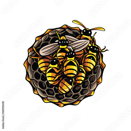 A detailed vector illustration of a wasp's nest, featuring multiple wasps in a honeycomb structure.