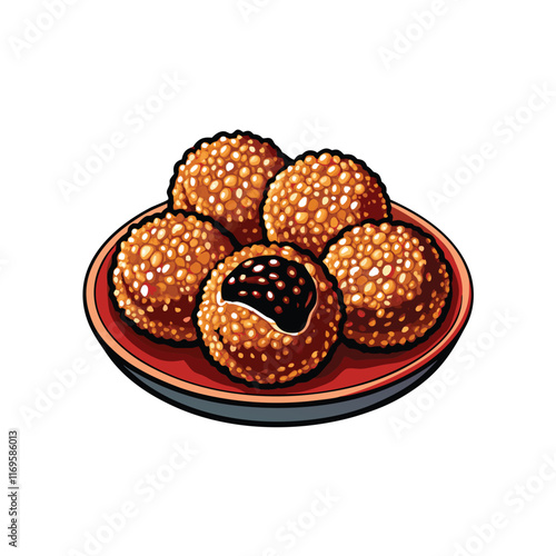 Detailed vector illustration of fried sesame balls (jian dui) on a plate.