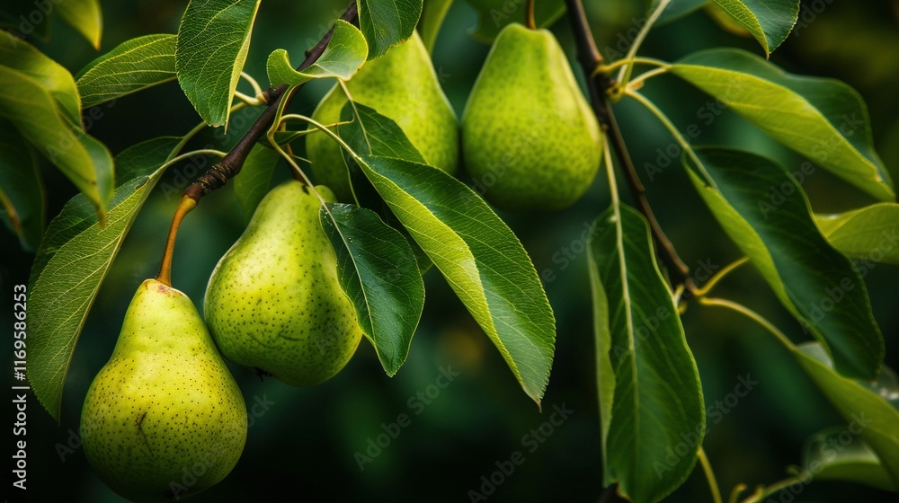 A cluster of pears dangling from a leafy tree branch A cluster of pears dangling from a leafy tree branch