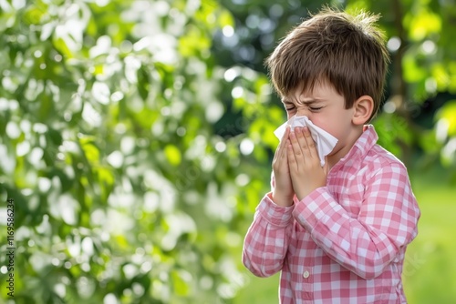 A young boy sneezing into a handkerchief while standing outdoors,surrounded by greenery, symbolizing allergies or seasonal illness.