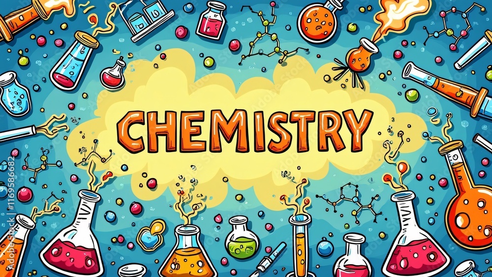 Obraz premium Colorful Chemistry Illustration with Flasks and Molecules