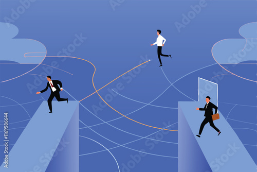 Illustration of three businessmen taking different paths to success, one using a shortcut.