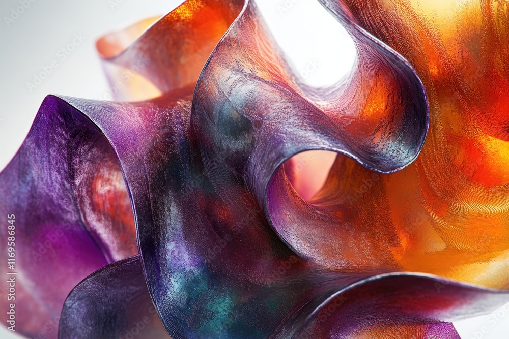 Obraz premium Abstract art showcasing swirling, translucent forms in vibrant purple, orange, and teal hues.