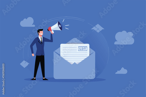 A businessman holds a megaphone next to an email envelope,  promoting email marketing and CRM solutions.