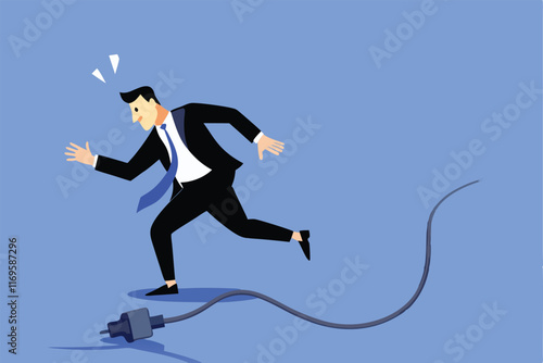 A businessman trips over a wire and looks surprised.