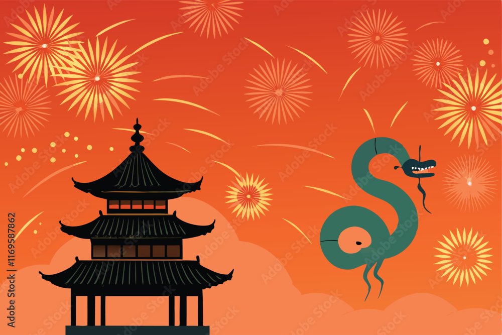Fototapeta premium Illustration of a black pagoda with a green snake zodiac sign and fireworks against an orange sky.