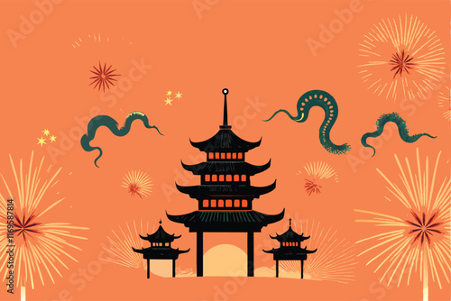 Illustration of Chinese pagodas and a snake zodiac symbol, with fireworks in the background.