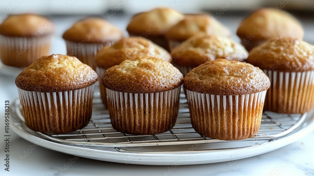 Freshly baked muffins cooling on a wire rack. Freshly baked muffins cooling on a wire rack.