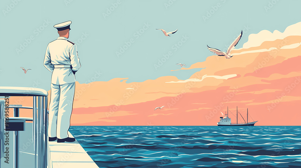Naklejka premium A sailor standing on the deck of a ship, gazing at the horizon with determination, light solid color background. Seafarer. Illustration
