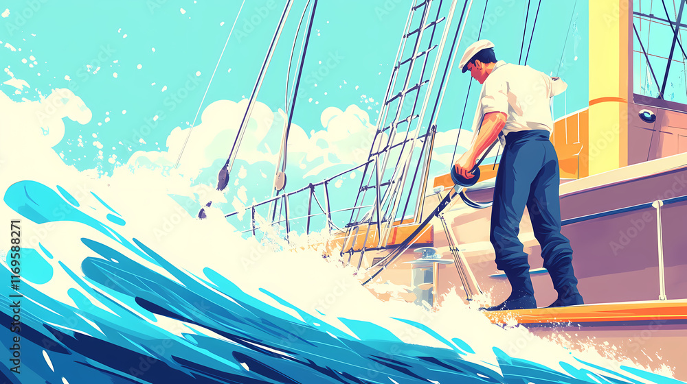 Naklejka premium A sailor washes the deck of a ship. generative ai. Seafarer. Illustration