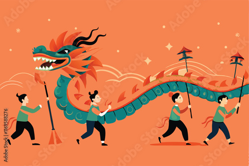 Flat vector background of a lively Chinese dragon dance with four people.