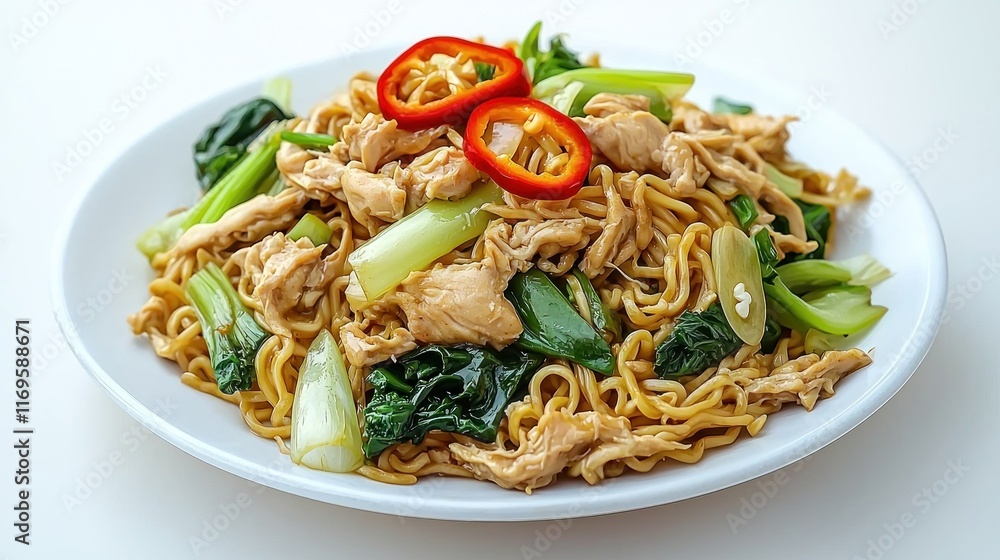A plate of chicken noodles with vegetables and red chili garnish. A plate of chicken noodles with vegetables and red chili garnish.