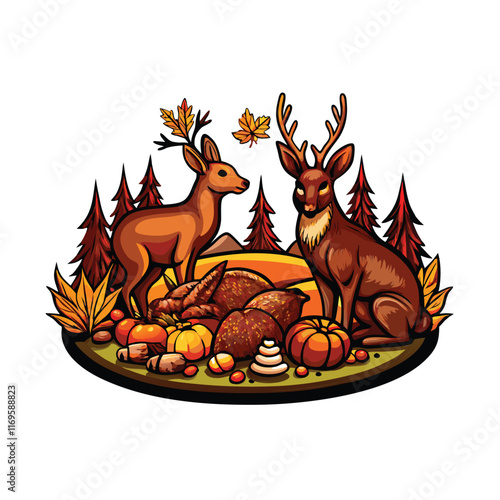 A group of forest animals, including deer, rabbits, and squirrels, sharing a feast in the forest.