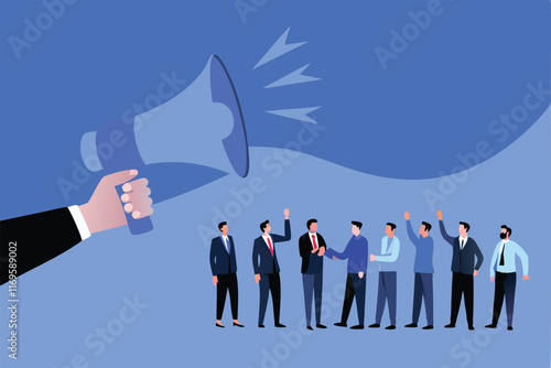 Illustration of a hand holding a megaphone, with a group of employees listening, representing the importance of listening to employee opinions.