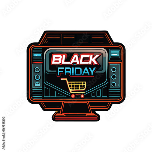 Futuristic digital style vector illustration of a black friday sale, with a retro TV design featuring the text "BLACK FRIDAY" and a shopping cart.