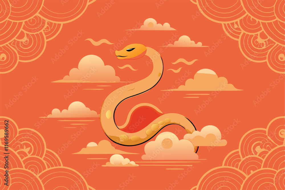 Obraz premium A golden snake flying in the clouds on a red background with a repeating pattern in the corners.