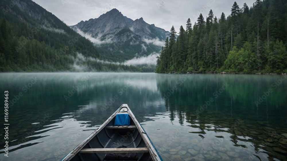 fog in natural peaceful pine trees with a canoe on calm waters fog in natural peaceful pine trees with a canoe on calm waters