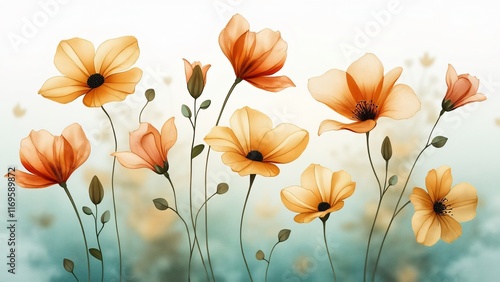Wallpaper Mural Elegant Watercolor Style Orange Yellow Flowers Botanical Art Print Torontodigital.ca