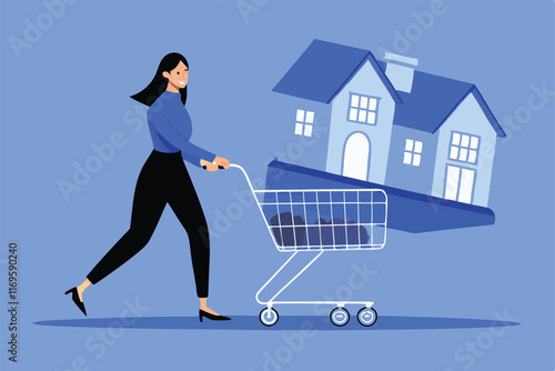 A woman in black pants and blue shirt pushes a shopping cart, with a house inside the cart, symbolizing buying a new home.