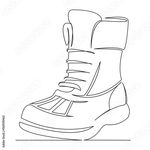 One continuous single drawing line art flat doodle boot, shoe, winter, fashion, snow, waterproof, cold. Isolated image hand draw contour on a white background
