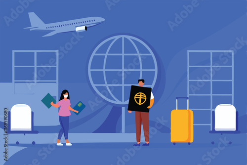 Illustration of a man and a woman wearing masks at an airport. The man is holding a passport or vaccine certificate with a globe design.
