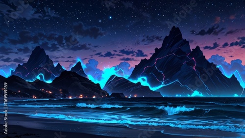 Neon mountains and waves at night