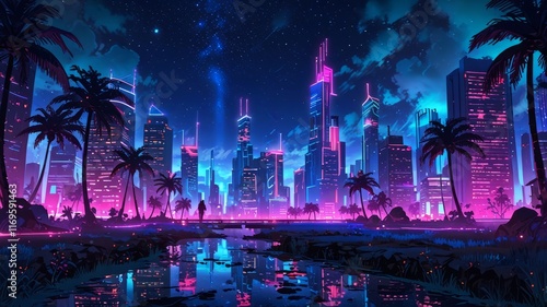 Glowing neon city in mystical landscape at night, surreal nature concept