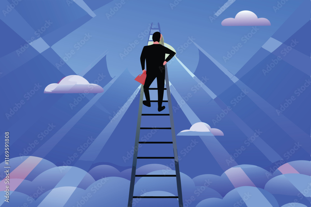 Businessman standing on a ladder ascending into the clouds, representing the journey to success. Businessman standing on a ladder ascending into the clouds, representing the journey to success.