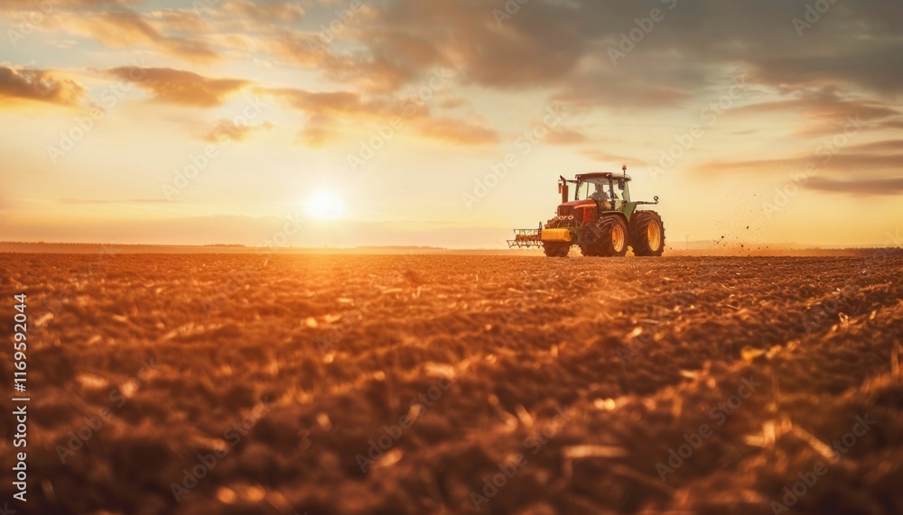 Sunset Over the Farmland with Tractor at Work. Generative ai Sunset Over the Farmland with Tractor at Work. Generative ai