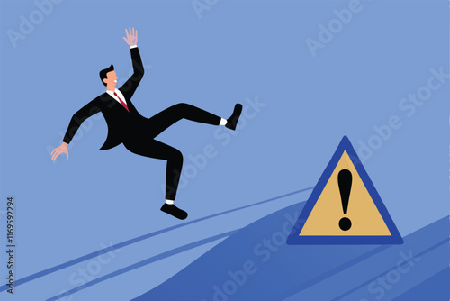 A businessman in a suit stumbles towards a warning sign.