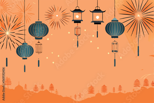 Modern flat vector design of Chinese New Year 2023 with lanterns, fireworks, and a landscape.