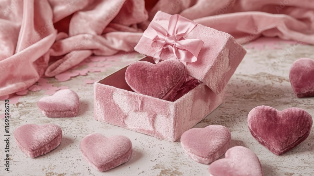 A pink velvet box with a lid slightly open, revealing a heart-shaped plush inside. Surrounded by small velvet hearts, it's perfect for romantic gestures. A pink velvet box with a lid slightly open, revealing a heart-shaped plush inside. Surrounded by small velvet hearts, it's perfect for romantic gestures.