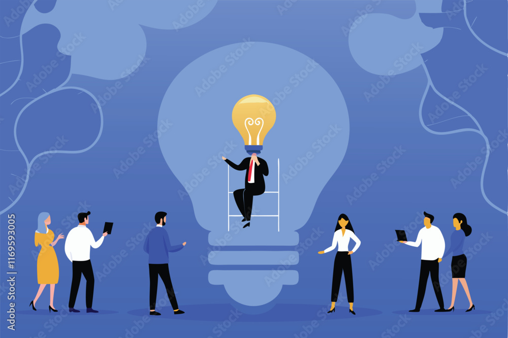 A group of people brainstorming and looking at a man sitting on a chair with a lightbulb over his head. A group of people brainstorming and looking at a man sitting on a chair with a lightbulb over his head.