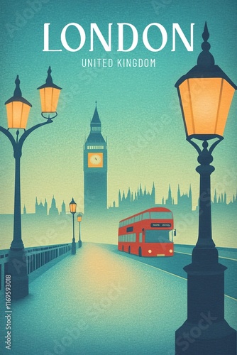 Retro London poster with Big Ben and red bus