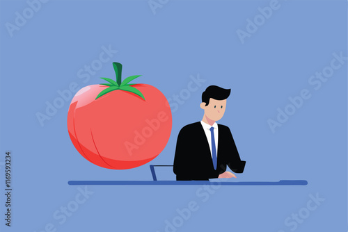 A businessman sits at a desk with a large tomato above him. The image symbolizes the Pomodoro Technique, a time management method.