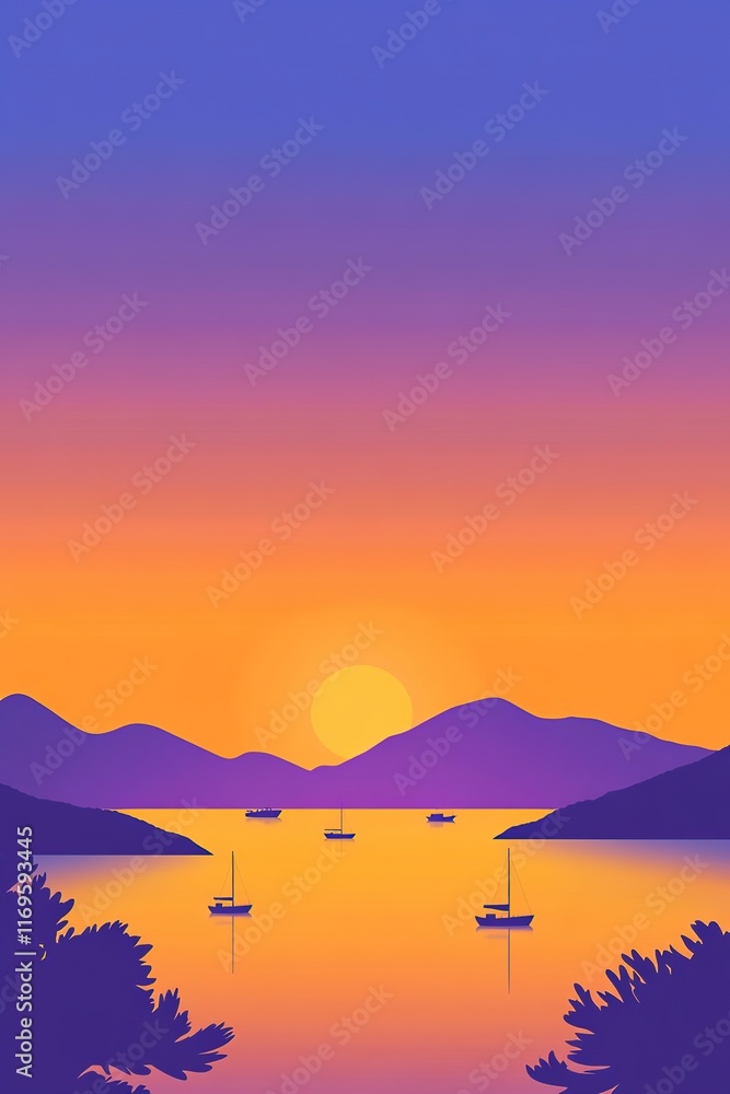 Fototapeta premium Serene sunset over mountain lake with boats