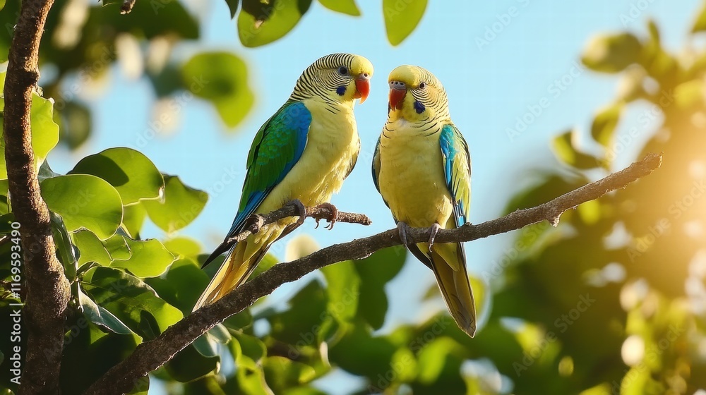 Two rose-ringed parakeets perched on a branch in sunlight Two rose-ringed parakeets perched on a branch in sunlight