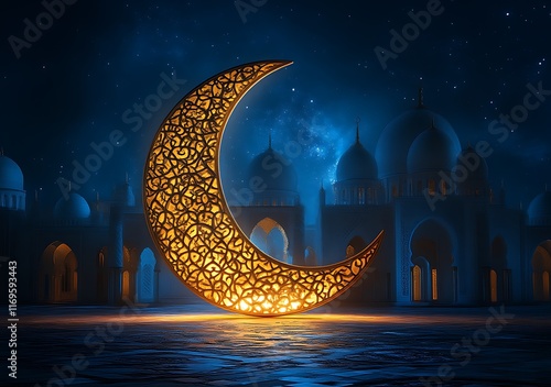 Illuminated crescent moon over mosque at night. photo