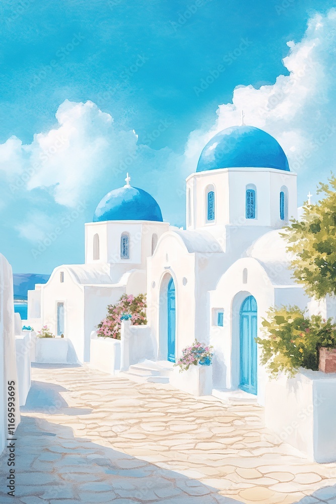 Bright Santorini scene with blue domed buildings Bright Santorini scene with blue domed buildings