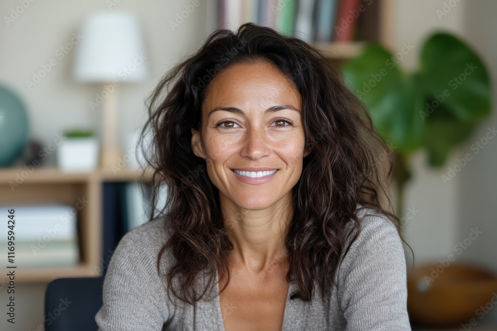 A joyful woman with beautiful curly hair sits in a cozy setting, radiating warmth and happiness, creating an inviting atmosphere perfect for connection and positivity. A joyful woman with beautiful curly hair sits in a cozy setting, radiating warmth and happiness, creating an inviting atmosphere perfect for connection and positivity.