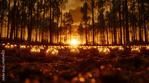 Sunset in pine forest with glowing spheres.